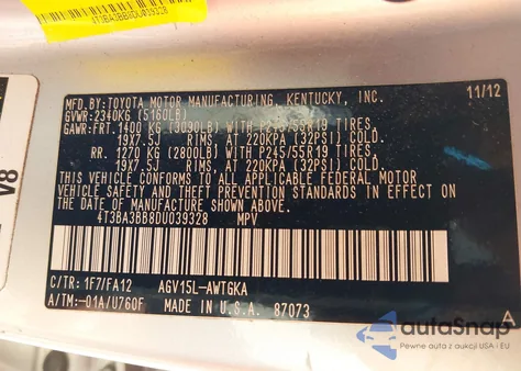 2013 Toyota Venza Le из США, поврежденный, VIN 4T3BA3BB8DU039328